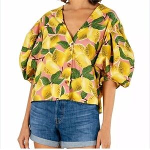 FARM Rio Yellow Lemon V-Neck Button Up Puff Sleeve Blouse Size Medium
